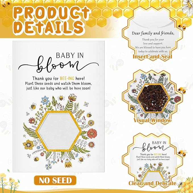 Fumete 50 Pack Baby in Bloom Seed Packets Baby Shower Party Favor for Guest Envelopes Kraft with Clear Window Resealable Seed Organizer Storage Bag for Gender Reveal Party, No Seeds(Bee)