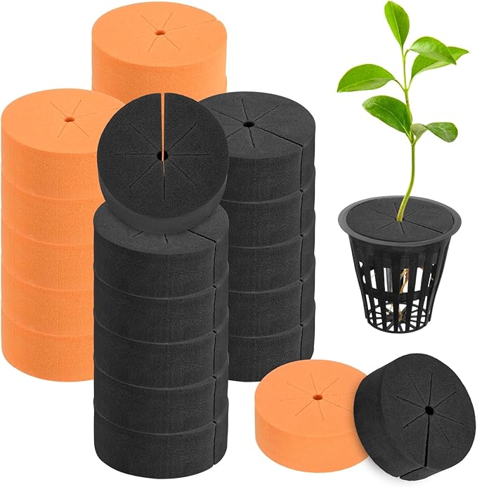 20-Pack Cloning Collars Inserts, Hydroponics Sponge Systems Cloning DIY Foam Cloner Inserts Fits 2" Net Pots for Hydroponic/Clone Machines/Plant Germination [Black, Orange]