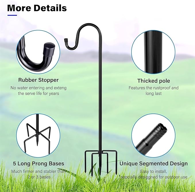 ToyHotels Shepherd Hooks for Outdoor, 1 Pack 94 Inch Bird Feeder Pole with 5 Prongs Base for Hanging Lantern, Hummingbird Feeder, Lightweight Plant, Shepherds Hook for Bird Feeders for Outside