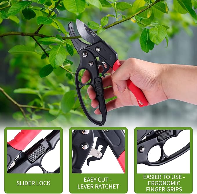 MEPEREZ Ultra Sharp Germany Steel Pruning Shears - Cuts 3X Easier, Weak Hand Arthritis Snips, Rust-Resistant, Effortlessly 1-Inch Cut Capacity Garden Scissors, Ergonomic Handle (Reddish balck)
