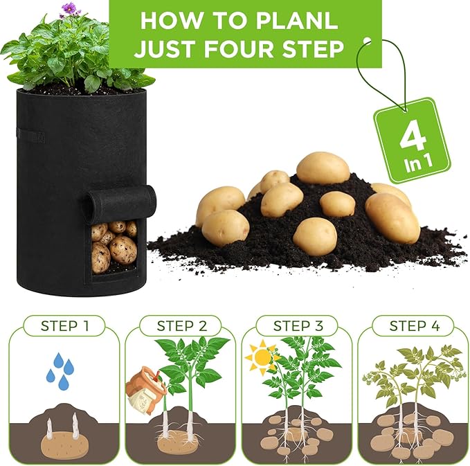 Yoojahow 4 Pack 30 Gallon Potato Grow Bags with Harvest Window, Durable Garden Planter Bags with Handles for Potatoes, Tomatoes, and Vegetables - Indoor & Outdoor Gardening Supplies (Black,Gray)