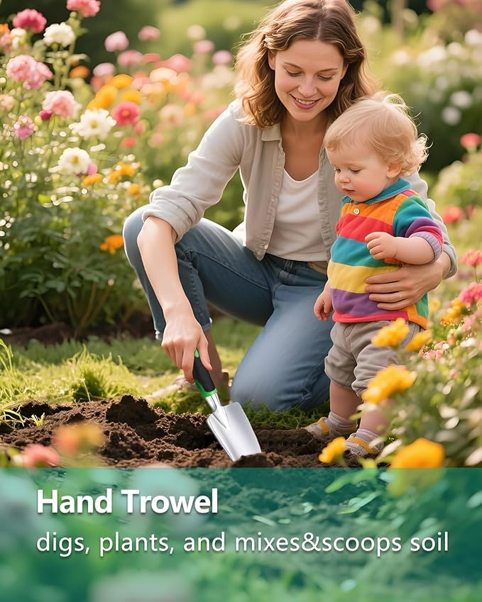 Garden Tools, Heavy Duty Cast-Aluminum Garden Tool Set with Hand Trowel, Transplant Trowel, Cultivator Rake, Soft Rubber Ergonomic Non-Slip Handle, Gardening for Home Gardeners (Basic Set (3 PCS))