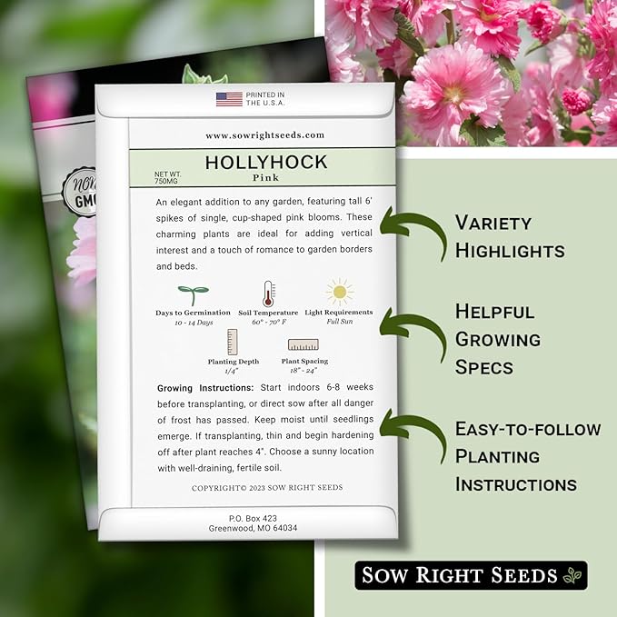 Sow Right Seeds - Pink Hollyhock Seeds for Planting - Non-GMO Heirloom Packet with Instructions to Plant an Outdoor Cottage Garden - Tall Flowers, Cup Shaped Blooms for Bouquets & Arrangements (4)