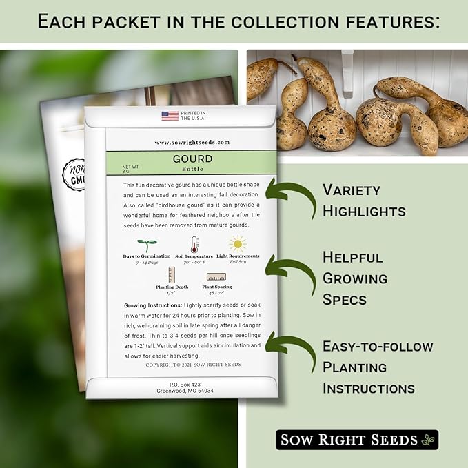 Sow Right Seeds - Gourd Seed Collection for Planting - Packets of Decorative, Luffa, Dipper & Bottle Gourds - Grow Your Own Crafts, Home Decor & More - Non-GMO Heirloom Packets with Instructions