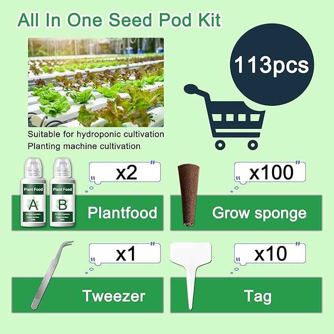 100 Pack Grow Sponges Replacement Seed Pods Kit for Hydroponic Growing System Compatible with AeroGarden, iDOO with A&B Nutrients Plant Food, Indoor hydroponic pods, Fast Growing & Easy To Use