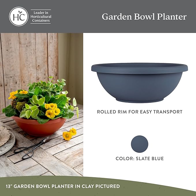 The HC Companies 20 Inch Shallow Garden Bowl Plant Pot with Drainage, Lightweight UV-Resistant Plastic Planters for Succulents, Herbs & More, 2-Pack Planters for Indoor Outdoor Home Decor, Slate Blue