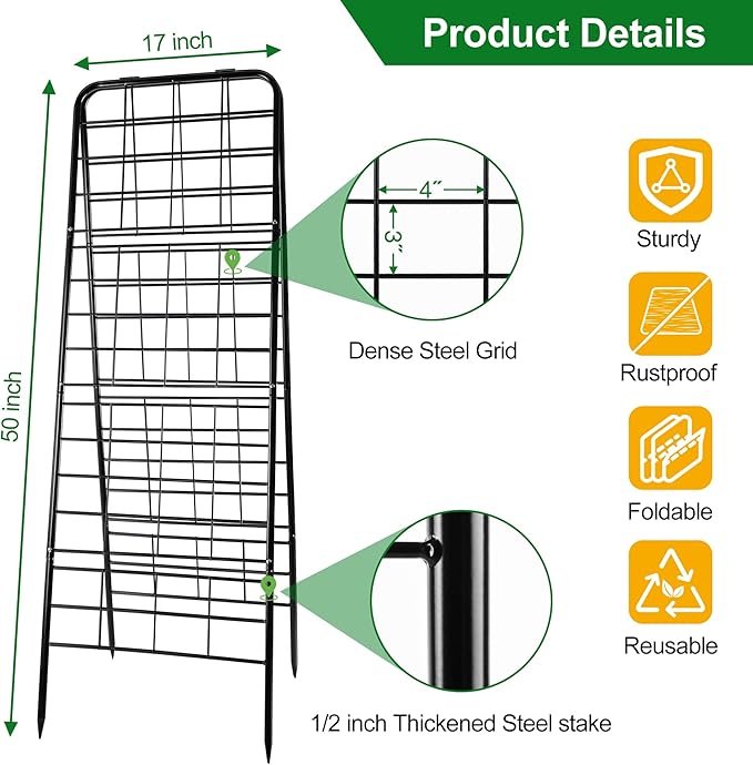 WAENLIR 50x17inch Cucumber Trellis Tomato cage with Dense Steel Grid–A-Frame Heavy Duty Metal Trellis for Raised Beds, Cattle Panels for Garden Trellis for Climbing Plants Outdoor (Black, 50x17inch)