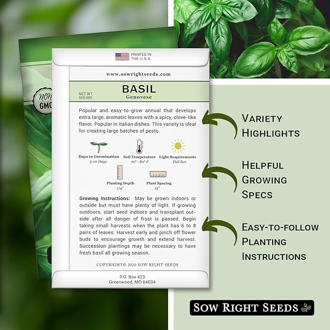 Sow Right Seeds - Genovese Sweet Basil Seed for Planting - Non-GMO Heirloom Packet with Instructions to Plant and Grow a Kitchen Herb Garden - Indoors or Outdoor - Great for Hydroponic Gardening (3)
