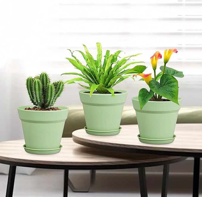 4 inch Small Plastic Nursery Pots, 16 Pack Plant Pots for Indoor Outdoor Plants, Flower Pots with Drainage Holes and Saucers, Decorative Seedling Starter Planters for House Plants, Green