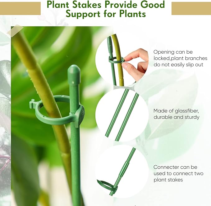 meekoo 12 Pcs Adjustable Garden Plant Support Stakes Single Stem Plant Cage Support Rings with Clips and Connect Pipe for Orchid Rose Tomato, 12 Inch (Green)