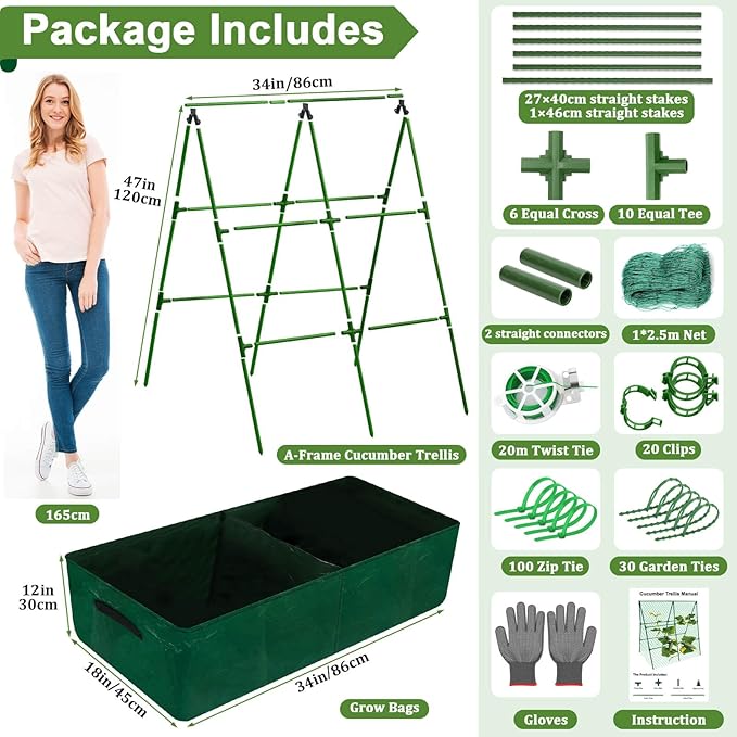Cucumber Trellis for Garden, 34 X 47 Inches A Frame Gardening Trellis with Fabric Raised Garden Bed, Climbing Net and Plant Support Clips for Climbing Plants