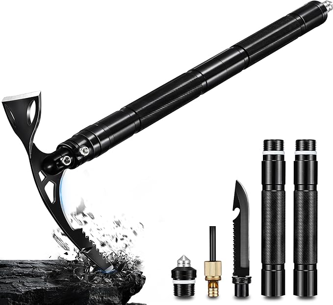 Pick Axe 8 in 1, Folding Pickaxe Mattock with Multi-purpose Garden Hoe and Survival Knife, Stainless Steel Pick Axes for Digging, Ice Chipping and Weeding
