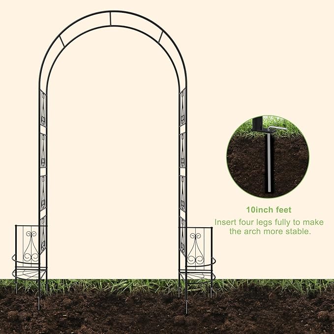 OUSHENG 8FT Metal Garden Arch Trellis with Planter Boxes for Climbing Plants Outdoor, Heavy-Duty Wedding Arch Backdrop Stand for Ceremony, Party, and Garden Decorations, Rust-Resistant Black Pergola