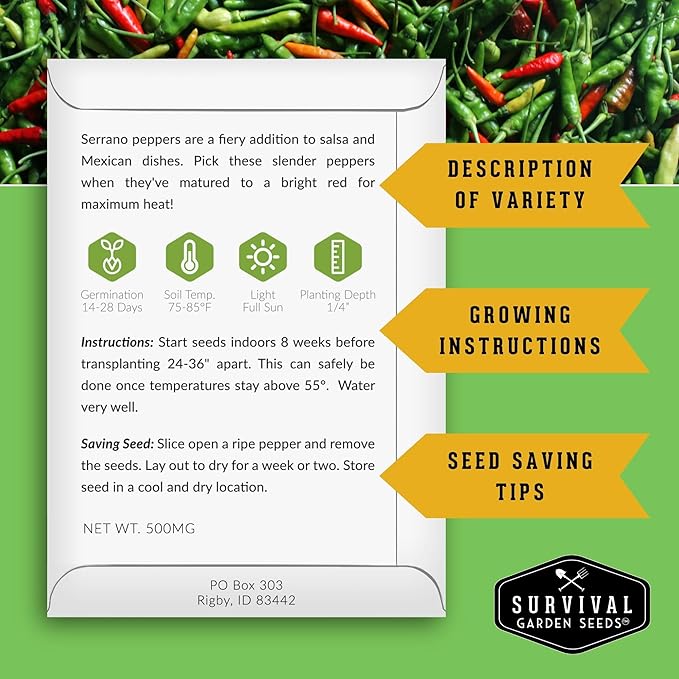 Pepper Seeds for Planting - 12 Variety Pack | Jalapeño, Serrano, Cayenne, Bell, Habanero, Anaheim & More – Hot & Sweet Heirloom, Non-GMO Pepper Seed Varieties – Survival Garden Seeds