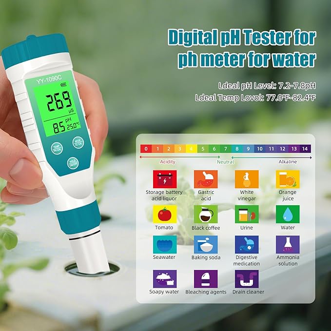 PH Meter for hydroponics & Spa Salt Tester – 5‑in‑1 pH, Salinity, TDS, EC & Temp Meter with 12.88 mS/cm Calibration – Saltwater Pool, Hot Tub & Aquarium Water Quality Monitor
