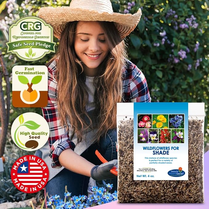 Partial Shade Wildflower Seeds 4oz - Open-Pollinated Flower Seed Mix Packet, No Fillers, Annual, Perennial Wildflower Seeds Year Round Planting
