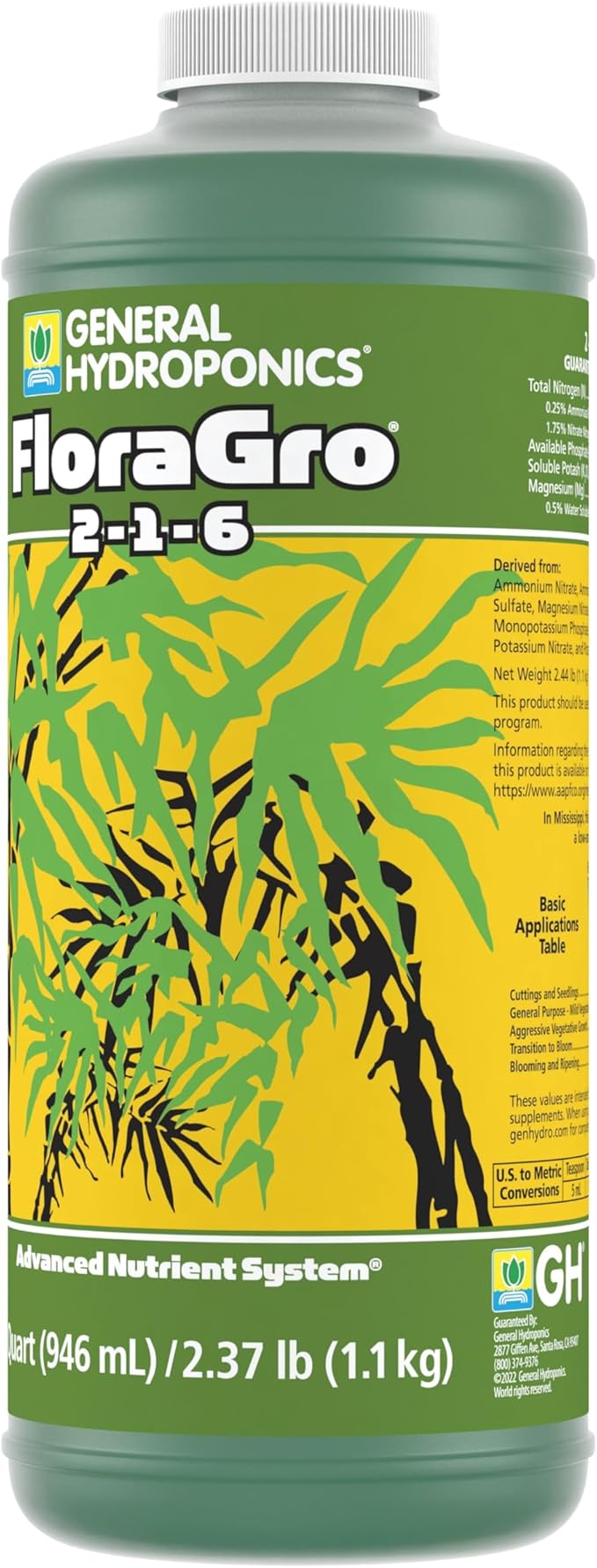 General Hydroponics FloraGro 2-1-6 Plant Food, Part of FloraSeries Advanced Nutrient System for Plants, 1 Quart