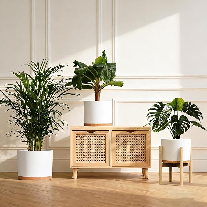 10/9/8 Inch Large Plant Pots with Drainage Holes and Trays, 3 Pack Modern Minimalist Cylinder Planters for Monstera, Snake Plant, Indoor Outdoor (Matte White & Brown)