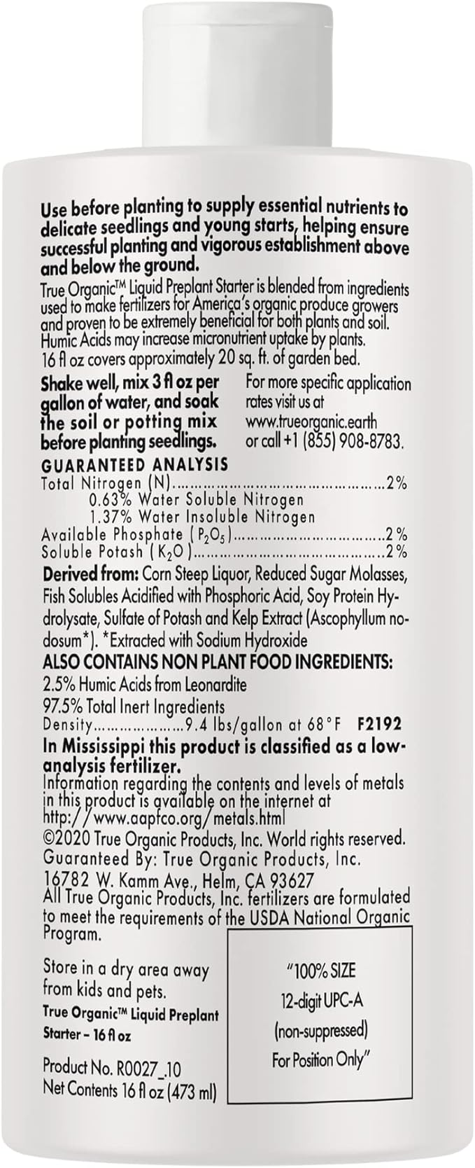 True Organic - 16 oz Liquid Concentrate - Preplant Starter Plan Food - OMRI/Organic/Natural Gardening