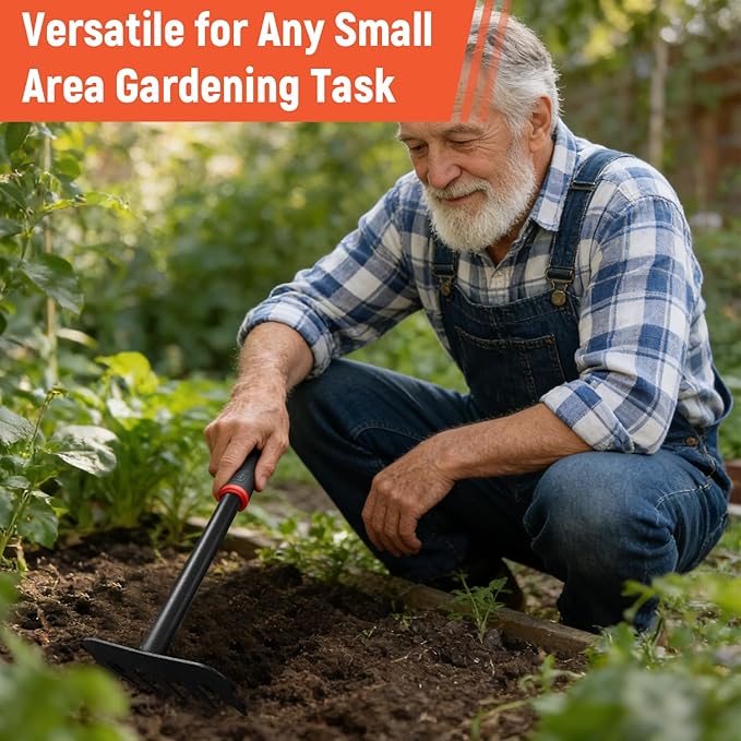 Small Garden Rake, Hand Rake & Cultivator Tool with Non-Slip Handle – Hand Weeder for Weeding, Tilling Soil, Planting