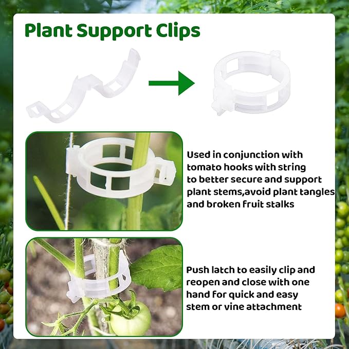 Greenhouse Trellising Kit, 10 PCS Tomato Hooks with String & 100 PCS Support Clips, Metal & Nylon, White, Linear Plant Support, Tomato Trellis