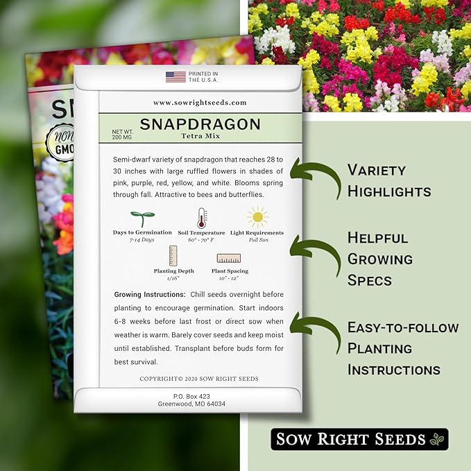 Sow Right Seeds - Tetra Mix Snapdragon Flower Seeds for Planting - Non-GMO Heirloom Packet with Instructions to Grow - Fragrant Annual Flower Spikes in a Mix of Colors - Half Tall for Front Beds (4)