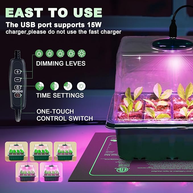 Seed Starter Trays with Grow Lights and Heat Mat, Plant Starting Kit 4 Timing Set Humidity Domes Heightened Lids for Small Mini Greenhouse Germination Seeds Growing Starting (6SET 6TRAY 72 SMALL CELL)