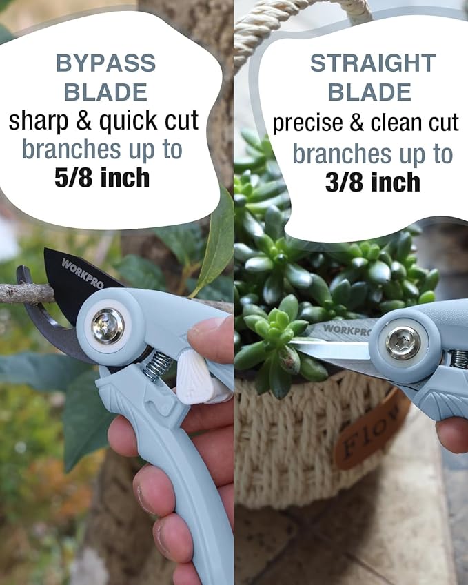 WORKPRO 2 Pack Garden Pruning Shears, 6.9" Bypass & Straight Shears, Premium Gardening Clippers for Flowers, Plants, and Fruit Trimming, Blue