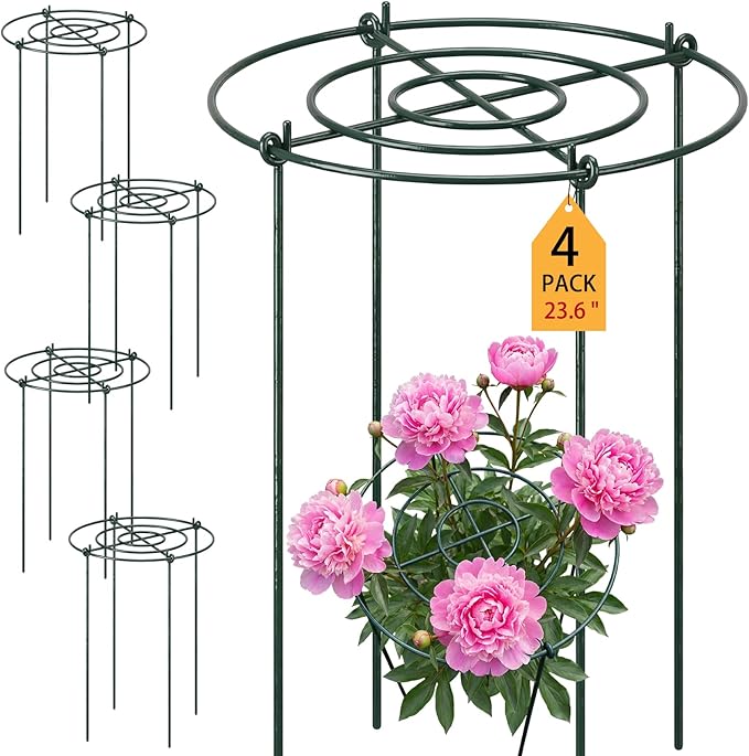 Pelopy 4 Pack 15.7" D x 23.6" H Heavy Duty Peony Cages and Supports, Metal Plant Support Stakes, Flower Support Hoops for Outdoor Garden Roses, Tomatoes, Hydrangeas, Peonies, Sage, Cucumbers