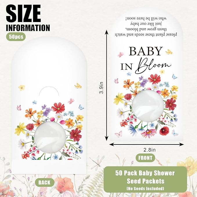 JarThenaAMCS 50 Pack Baby Shower Party Favor Wildflower Baby in Bloom Seed Packet Envelopes Kraft with Clear Window Resealable Seed Organizer Storage Bag for Guest Gender Reveal Party(Colored Flowers)