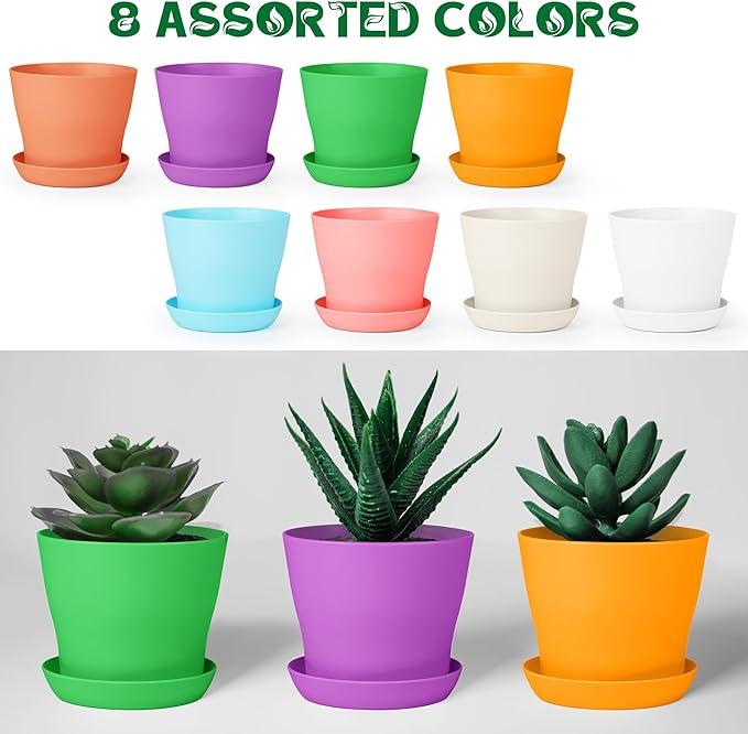 Aodaer 72 Pack 4 Inch Plastic Flowerpot with Multiple Drainage Holes and Tray Indoor Outdoor Flower Plant Nursery Pots with Labels Flower Seedling Pots for Herb Garden Home Succulents, Assorted Colors