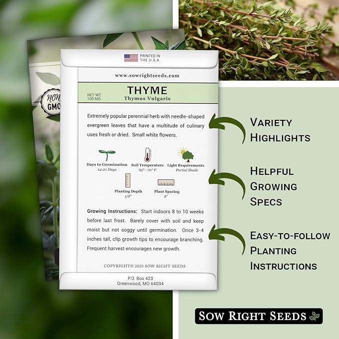 Sow Right Seeds - Thyme Seed for Planting - Non-GMO Heirloom Packet with Instructions for Easy Planting Your Kitchen Herb Garden - Indoor or Outdoor - Great for Hydroponics Growing - Culinary Herb (3)
