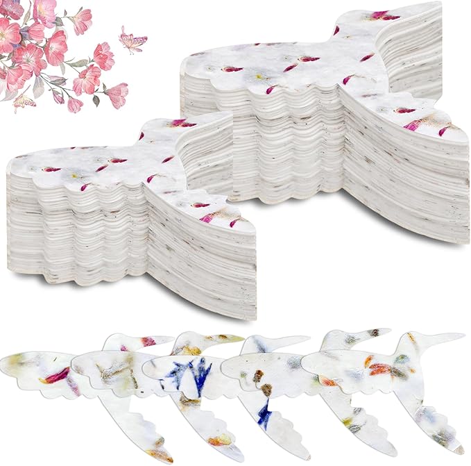 50 Pcs Handmade Seed Paper Plantable Wildflower Seed Paper Recycled Flower Petals Tags Wedding Favors for Guests Craft Gifts Cards for Envelope Birthday Party, 5 Styles (Hummingbird Shape)