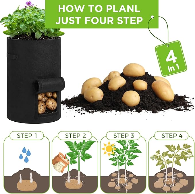 Yoojahow 2 Pack 30 Gallon Potato Grow Bags with Harvest Window, Durable Garden Planter Bags with Handles for Potatoes, Tomatoes, and Vegetables - Indoor & Outdoor Gardening Supplies (Black,Green)