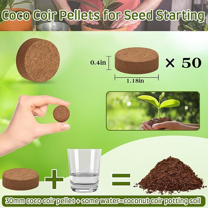 Halatool 50pcs Organic Coconut Coir Pellets Soil for Seed Starter, 30mm Compressed Coco Coir Potting Soil for Growing Vegetables, Fruits, Flowers