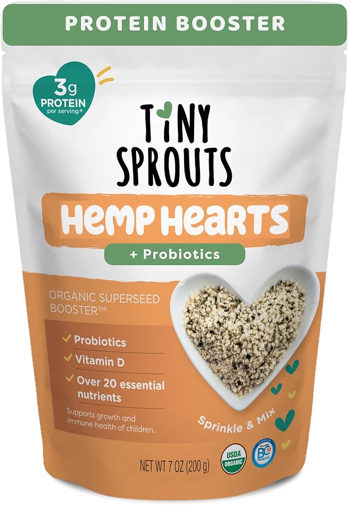Tiny Sprouts Organic Hemp Hearts + Full Serving Probiotic + Vitamin D3 | Superfood Protein Booster for Kids | Omega-3, Iron, Magnesium, Zinc | Brain & Immune Support | Gluten-Free Superseed Blend | 7 oz