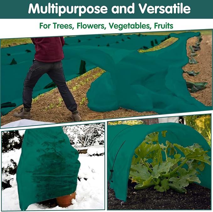 Plant Covers Freeze Protection, 10ft x 50ft 1.41 oz/yd² Frost Cloth Plant Blankets Floating Row Covers with 35 Stainless Steel Clips for Winter Plants Gardens Frost/Sun Pests Protection, Dark Green