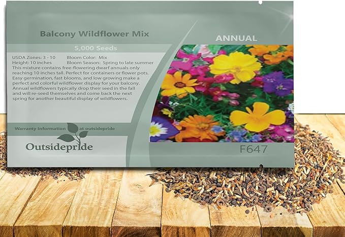 Outsidepride Balcony Wild Flower Seed Mix - 5,000 Seeds, Windowsill-Friendly Annual & Perennial Flower Seeds for Small Spaces, Easy-to-Grow Variety, Ideal for Balcony Gardens & Urban Flower Beds