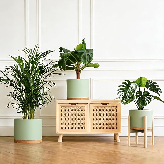 10/9/8 Inch Large Plant Pots with Drainage Holes and Trays, 3 Pack Modern Minimalist Cylinder Planters for Monstera, Snake Plant, Indoor Outdoor (Matte Green & Brown)