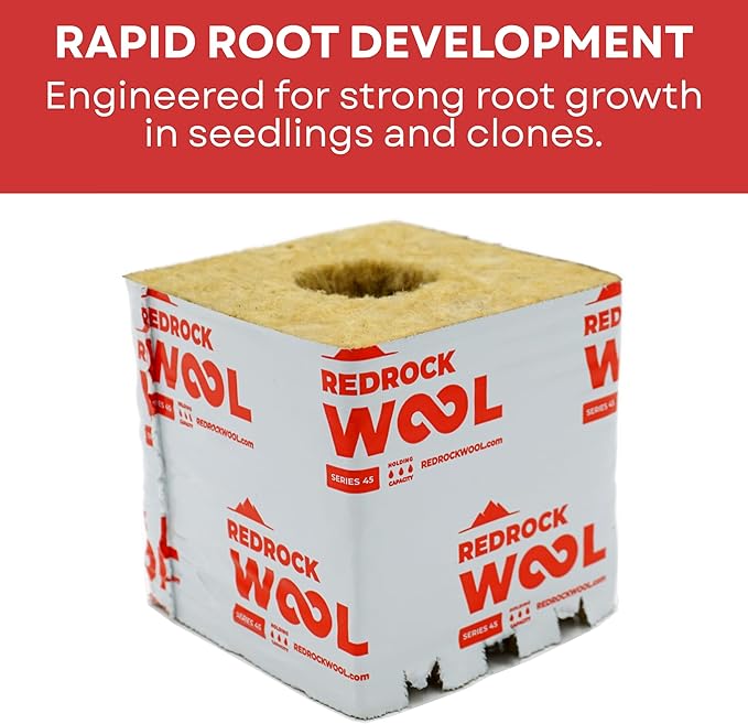 Redrock 4 inch Rockwool Cubes – 4" x 4" Stone Wool Starter Blocks with 42/40 Hole | 6-Pack | for Hydroponics & Indoor Growing | Includes Twin Canaries Chart