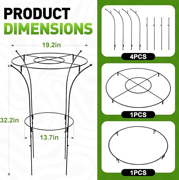 1 Pack Metal Peony Plant Support Cage,32.2" H x 19.2" D Grow Through Flower Support with Wide Top Ring,Bouquet Shape Flower Cage for Peonies Roses and Top-Heavy Blooms