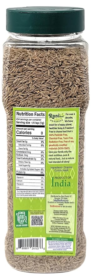 Rani Organic Cumin Seeds Whole (Jeera Sabut) 16oz (1lb) 454g PET Jar ~ All Natural | Vegan | Gluten Friendly | NON-GMO | Indian Origin | USDA Certified Organic