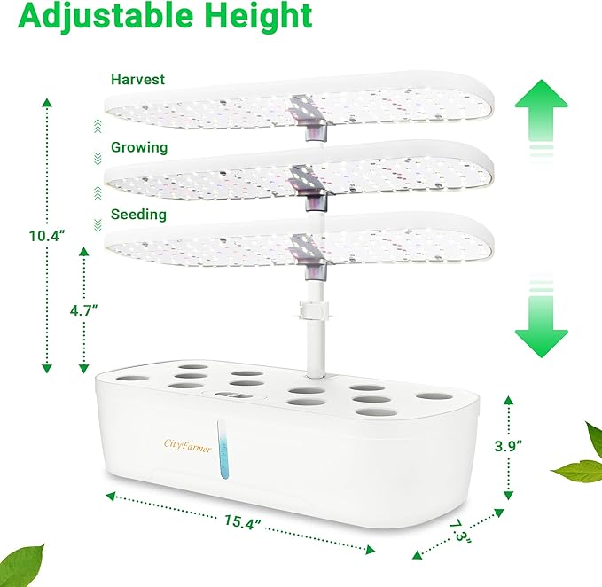 Cityfarmer Indoor Hydroponics Growing System: Indoor Fresh Vegetable, Herb Garden Kit with LED Grow Light Quiet Smart Water Pump Automatic Timer - Planter for Home Kitchen Office (White, 12 pod)