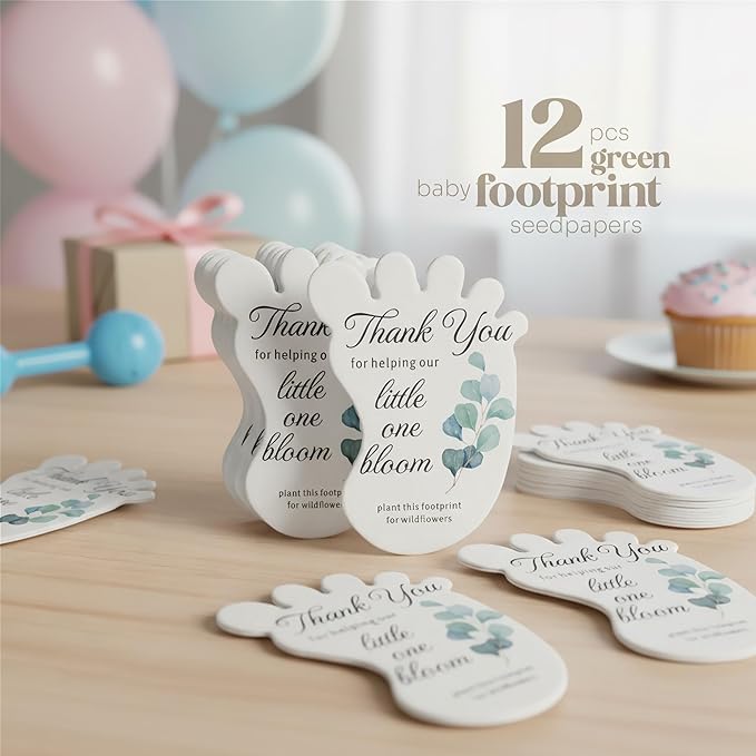 Seed Bloom Footprint-Shaped Seed Paper – 12 pcs Green Shower Favors for Guests with Wildflower Seeds, Writable & Plantable, Gender Reveal, Birthday Gifts for Guest