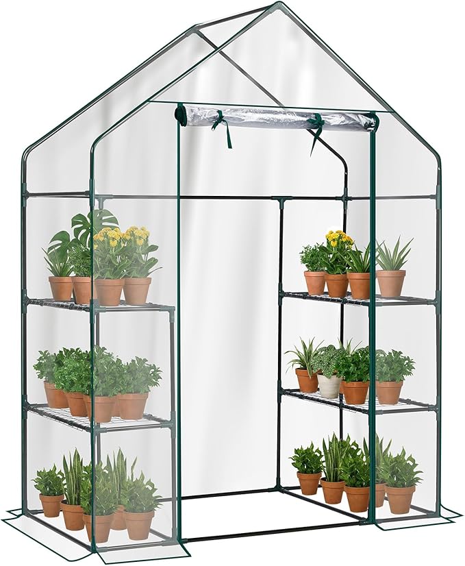 Outvita Walk-in Greenhouse, Outdoor Durable PVC Plant Green House for Frost Protection with 3 Tiers 4 Shelves, Shelf Clips, Roll-up Zipper Door, 56"x29"x77" Transparent