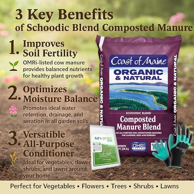 Coast of Maine SC1000 Schoodic Composted Manure Blend Conditioner 1 cf with My Garden Pool 7-in-1 Soil Test Strips, 20 ct. and Claw Gardening Gloves