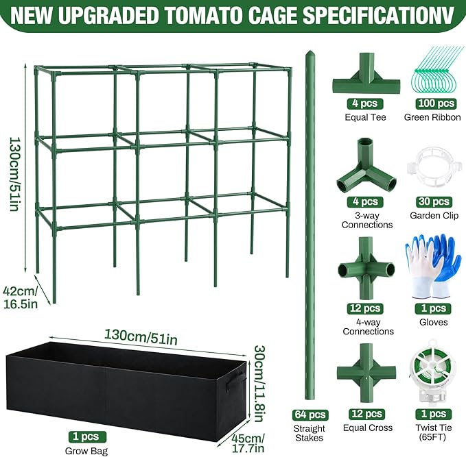 BreezeHug Garden Tomato Cages with 46 Gallon Grow Bags, 51" Height Adjustable Square Plant Support Trellis Large Steel Plant Tower Stakes for Climbing Vegetables Cucumber Squash Pea Flowers Fruits