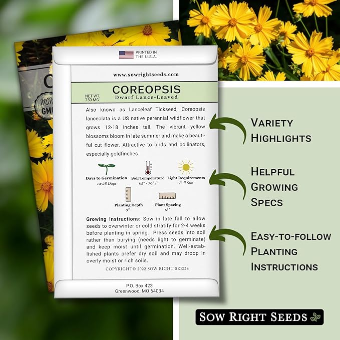 Sow Right Seeds - Dwarf Lance-Leaved Coreopsis Seeds for Planting - Non-GMO Heirloom Perennial Tickseed - Easy-to-Grow Flower for Butterflies & Bees - Sun-Loving Blooms for Gardens and Borders (1)