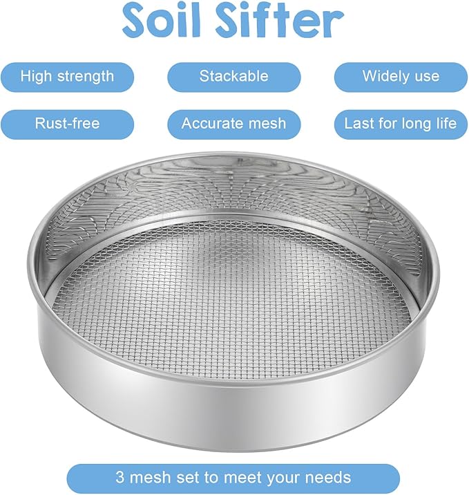 4 PCS Sifter for Rocks, 10 Inch Soil Sifter for Gardening with 3, 6, 9, 12 mm Stainless Steel Sifting Screen Round Rock Crusher for Sifting Sand, Soil, Stones Compost and Cat Litter