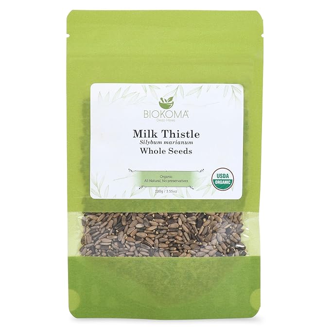 Biokoma Pure and Organic Milk Thistle Seeds 3.55 oz, Silybum Marianum for Milk Thistle Tea, USDA Organic Herbal Tea, Loose Whole Seeds in Resealable Moisture Proof Pouch, Non GMO, No Additives, Kosher